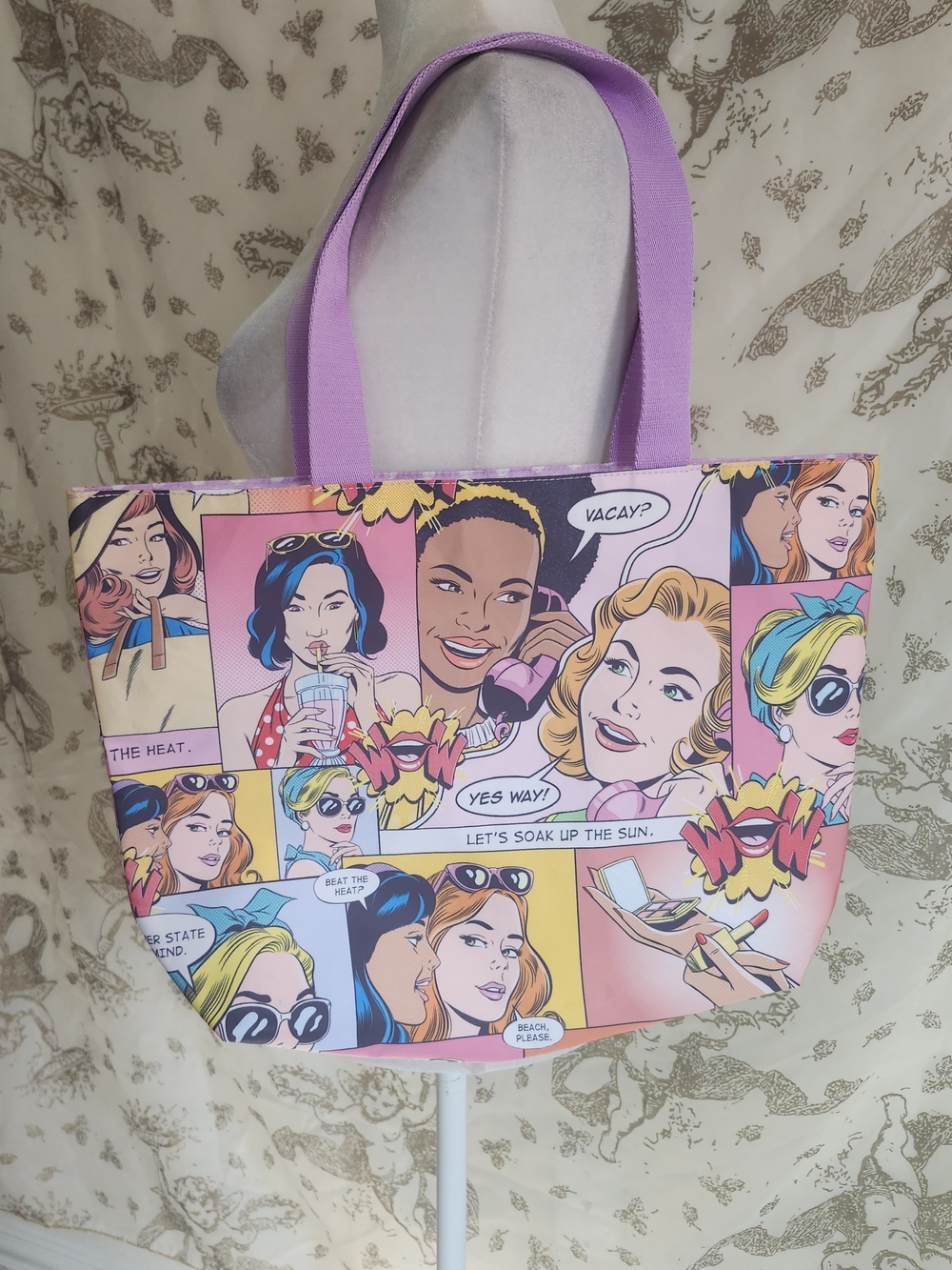 Estée Lauder Reusable Large Tote Bag Comic Print Purple Handles 18x15x4"